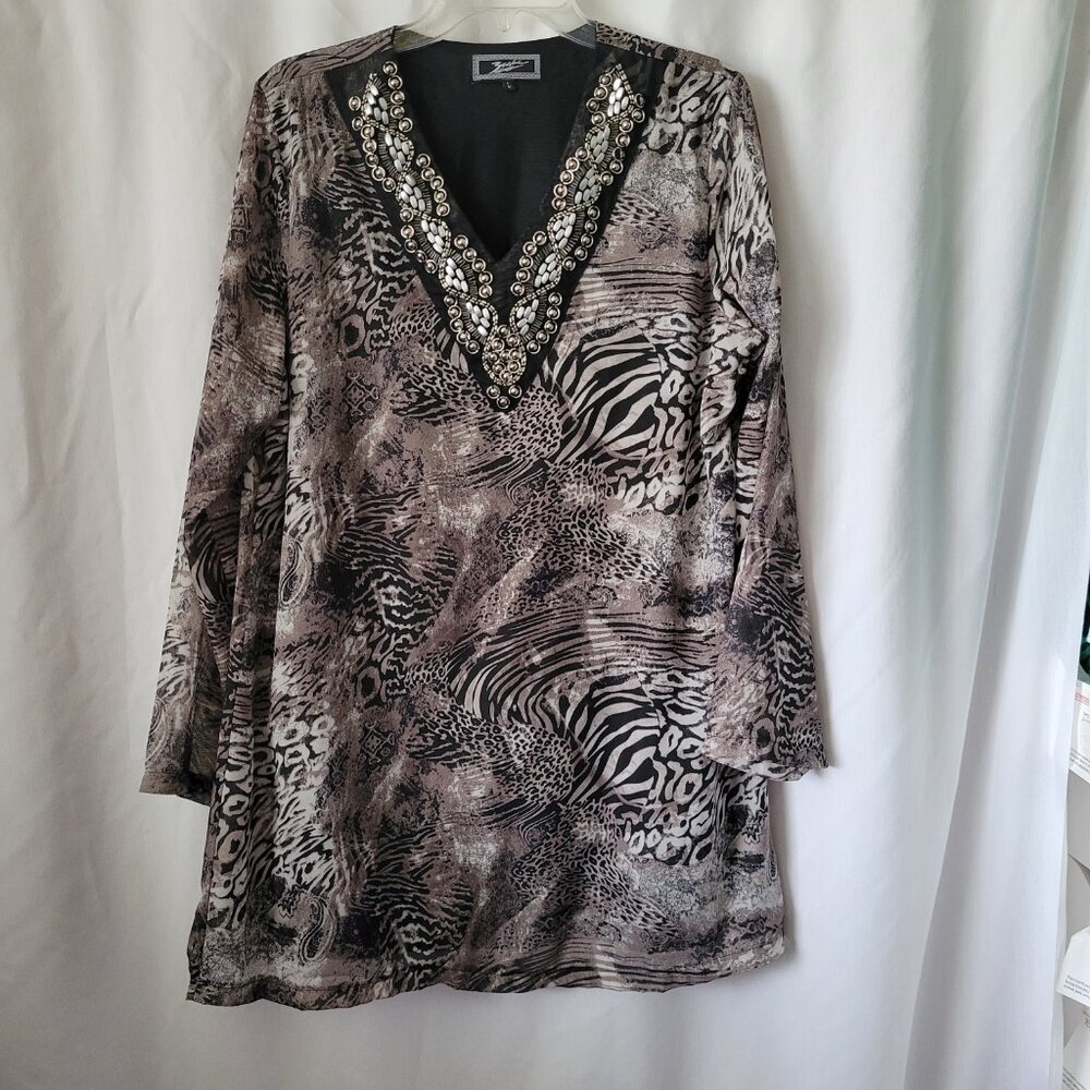 Zashi Blouse embellished beaded animal print Tunic Large Eclectic Bohemian Flash